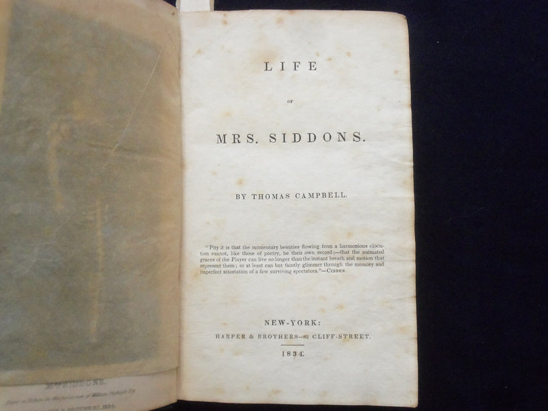 1834 LIFE OF MRS. SIDDONS HARDCOVER BOOK BY THOMAS CAMPBELL - KD 8648