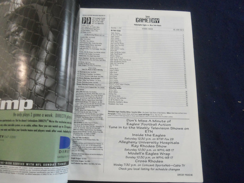 1997 DEC 7 GAMEDAY MAGAZINE- PHILADELPHIA EAGLES VS NEW YORK GIANTS - F 250W