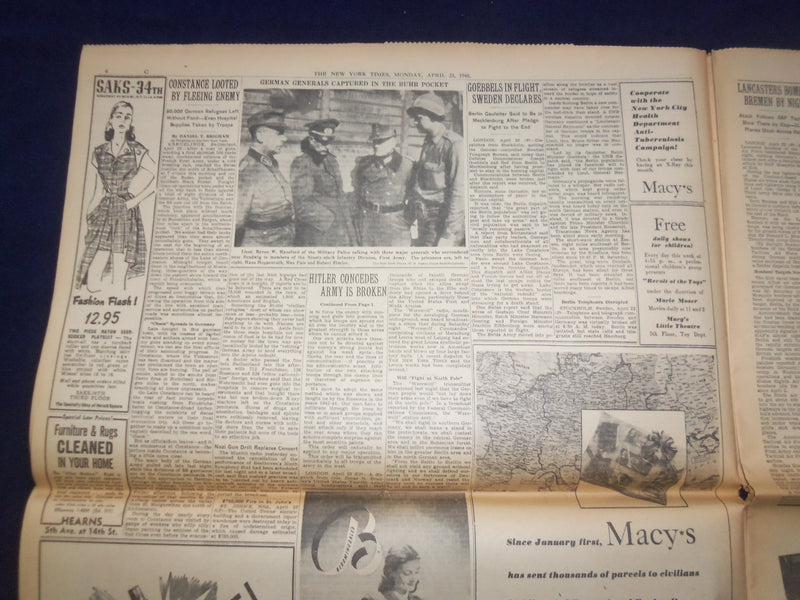 1945 APRIL 23 NEW YORK TIMES - RUSSIANS WIN SIXTH OF BERLIN, 16 SUBURBS- NP 6700