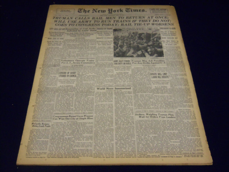 1946 MAY 25 NEW YORK TIMES - TRUMAN CALLS RAIL - MCCARTHY RESIGNS - NT 857
