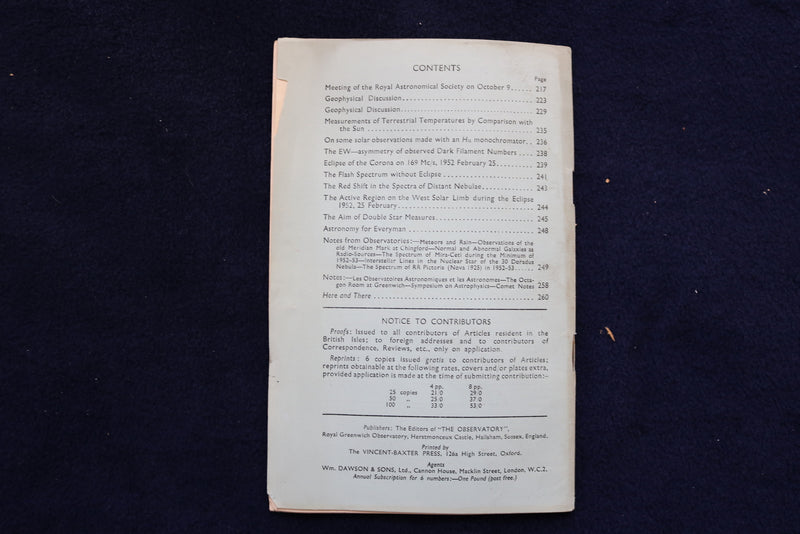 1953 DECEMBER THE OBSERVATORY A REVIEW OF ASTRONOMY - SOFTCOVER BOOK - K 1443