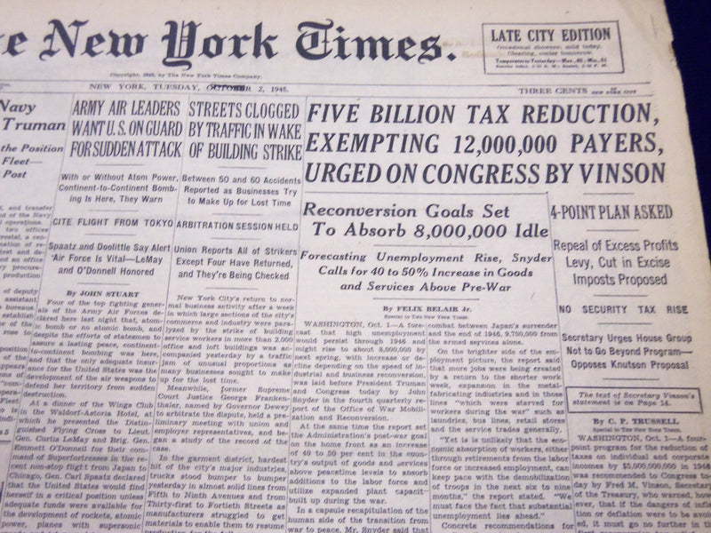 1945 OCT 2 NEW YORK TIMES - FIVE BILLION TAX REDUCTION URGED ON CONGRES - NT 259