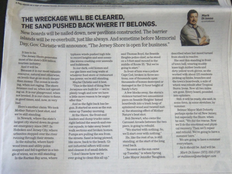 2012 NOVEMBER 2 THE STAR-LEDGER NEWSPAPER - WE WILL COME BACK - NP 2450