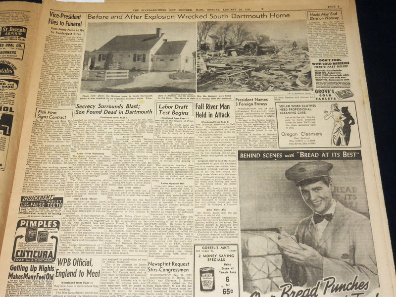 1945 JANUARY 29 NEW BEDFORD STANDARD TIMES - SECRECY SURROUNDS BLAST - NT 8905