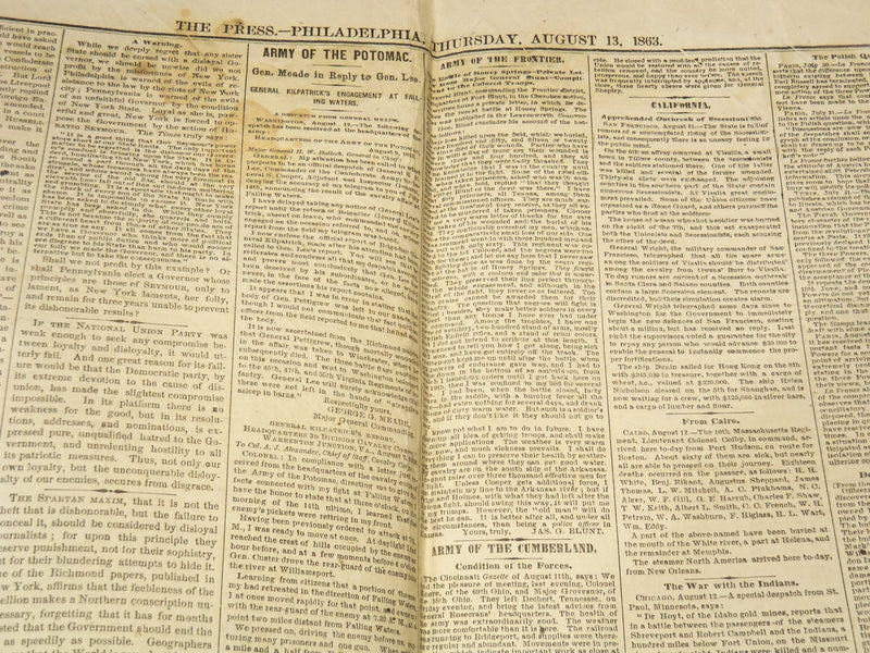 1863 AUGUST 13 THE PHILADELPHIA PRESS NEWSPAPER - MEADE AND LEE ESCAPE - NP 9001