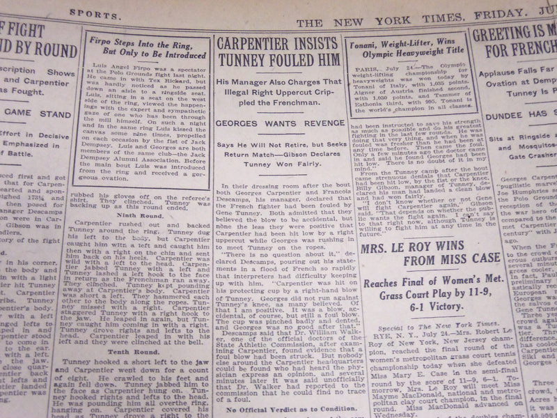 1924 JULY 25 NEW YORK TIMES - TUNNEY WINS OVER CARPENTIER IN 15TH - NT 5043