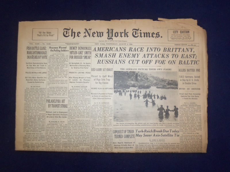 1944 AUG 2 NEW YORK TIMES - AMERICANS RACE INTO BRITTANY, SMASH ENEMY - NP 6598