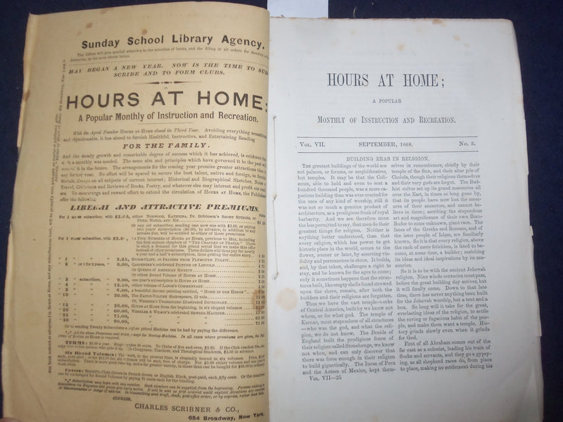 1868 JAN-SEP-NOV HOURS AT HOME MONTHLY MAGAZINE - LOT OF 3 - J 9796