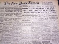 1935 DEC 19 NEW YORK TIMES - HOARE RESIGNS, HIS PEACE PLAN DEAD - NT 4871