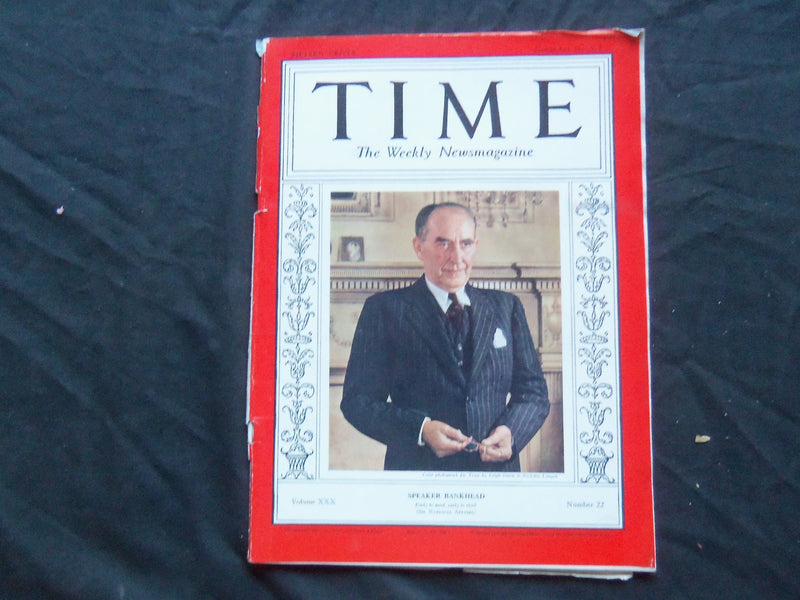 1937 NOVEMBER 29 TIME MAGAZINE - WILLIAM B. BANKHEAD - T 589