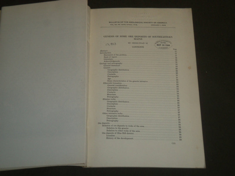 1942 GENESIS OF SOME ORE DEPOSITS OF SOUTHEASTERN MAINE BOOK BY CHING LI- J 4976