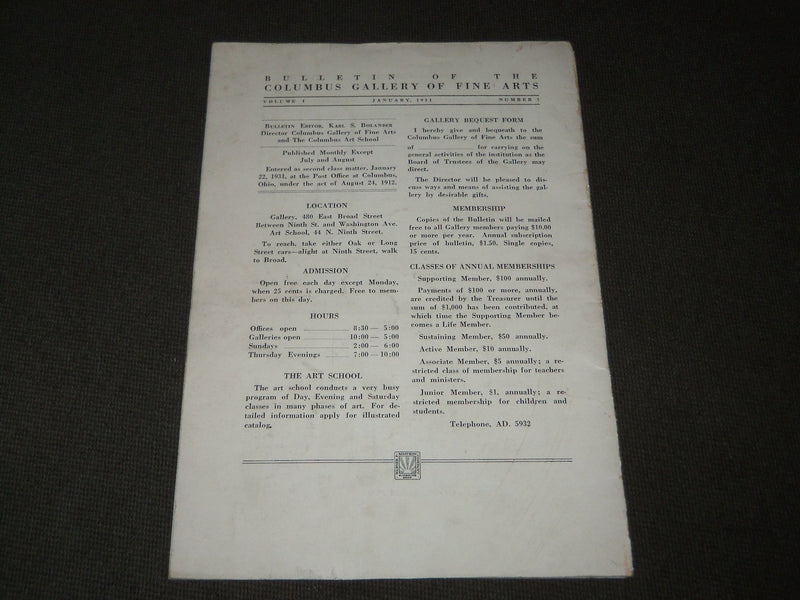 1931 JANUARY COLUMBUS GALLERY OF FINE ARTS BULLETIN - COLUMBUS OHIO - J 9594