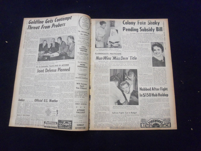1958 JULY 11 BOSTON DAILY RECORD NEWSPAPER-GOLDFINE DARES THREAT OF JAIL-NP 6353