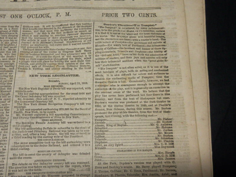 1854 APRIL 12 NEW YORK HERALD NEWSPAPER - THE TEMPEST - LEGISLATURE - NP 4891