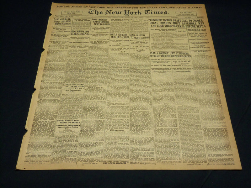 1917 AUGUST 10 NEW YORK TIMES - PRESIDENT ISSUES DRAFT CALL TO COLORS - NT 8507