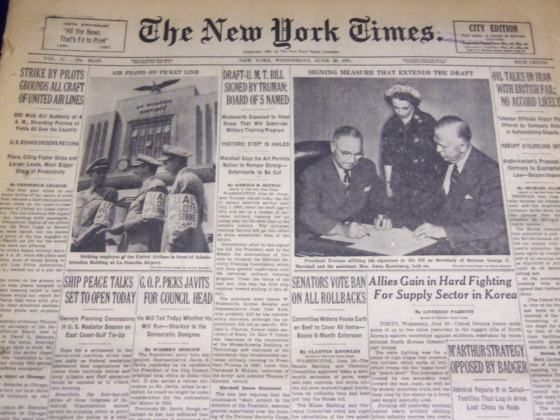 1951 JUNE 20 NEW YORK TIMES NEWSPAPER - TRUMAN EXTENDS DRAFT - NT 2461
