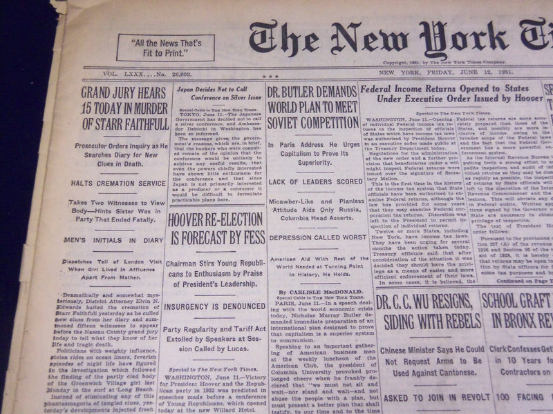1931 JUNE 12 NEW YORK TIMES - STARR FAITHFULL CREMATION HALTED - NT 2212