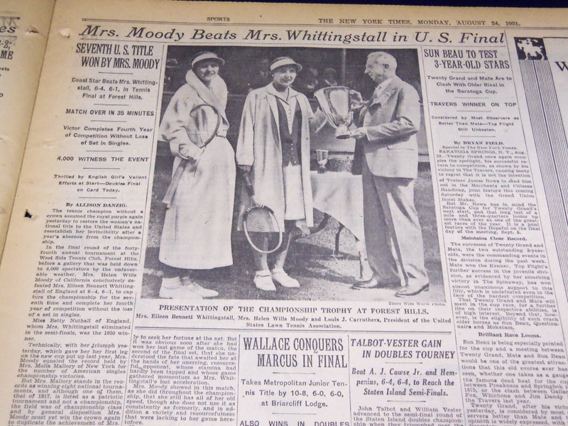 1931 AUG 24 NEW YORK TIMES - HELEN WILLS MOODY WINS TITLE FOR 7TH TIME - NT 2439