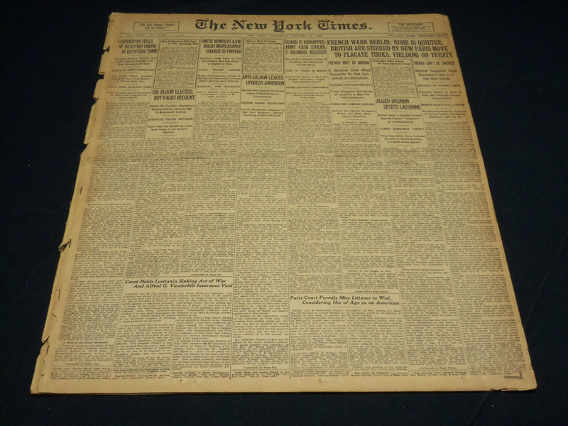 1923 JANUARY 31 NEW YORK TIMES- CARNARVON TELLS OF BEAUTIES FOUND TOMB - NT 7896
