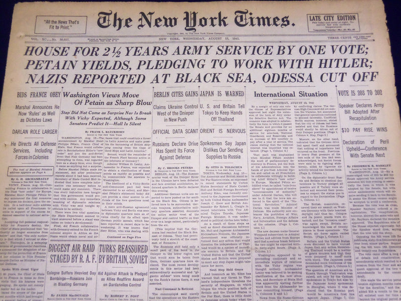 1941 AUG 13 NEW YORK TIMES - PETAIN YIELDS PLEDGING TO WORK W/ HITLER - NT 1126