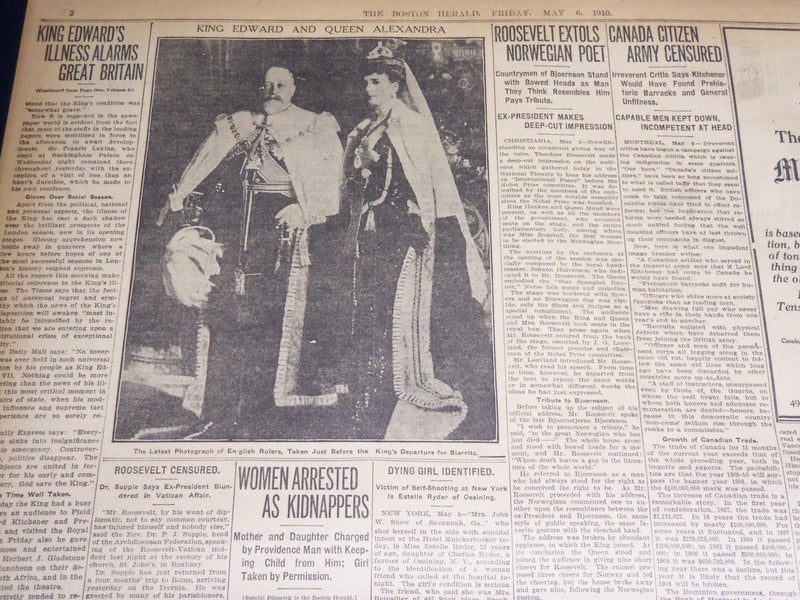 1910 MAY 6 THE BOSTON HERALD - KING EDWARD'S ILLNESS CAUSES GRAVES FEARS- BH 355