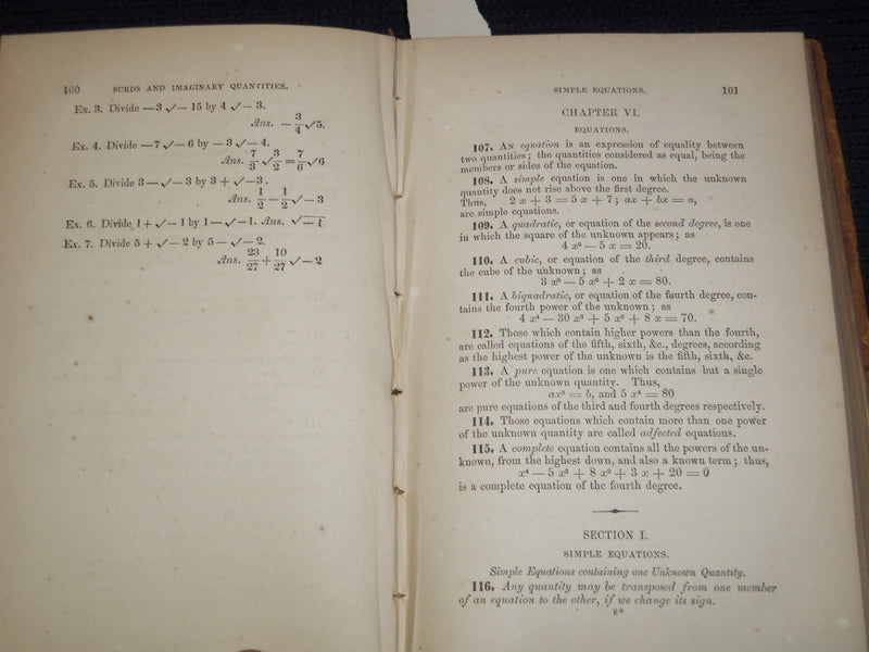 1854 A TREATISE OF ALGEBRA BOOK BY SAMUEL ALSOP - THIRD EDITION - J 8120