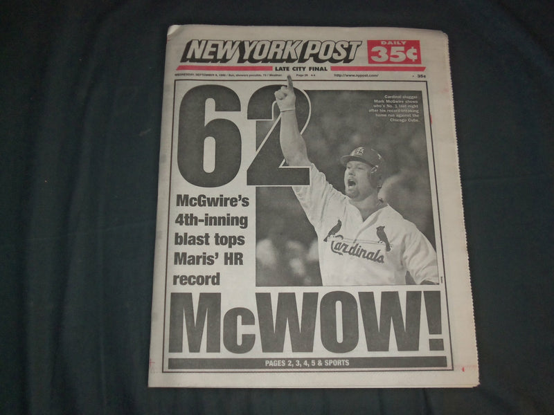 1998 SEPTEMBER 9 NEW YORK POST NEWSPAPER - MARK MCGWIRE HITS HR 62 - NP 4128