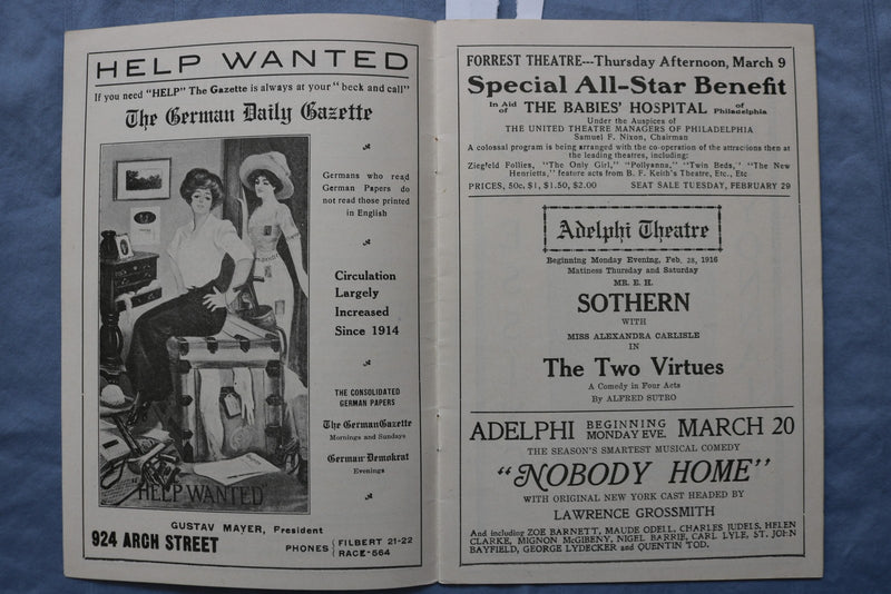 1916 LYRIC & ADELPHI THEATRES PROGRAM - LOT OF 2 - K 2735
