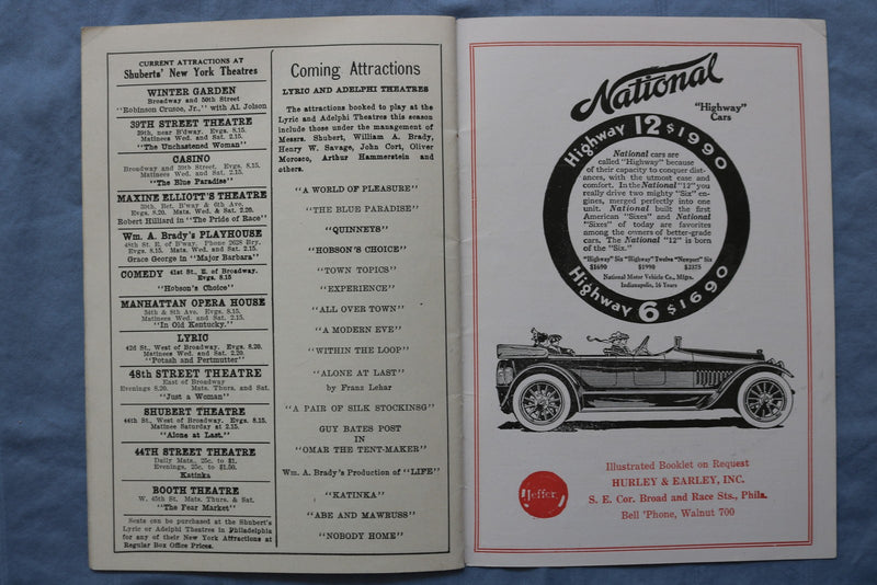 1916 LYRIC & ADELPHI THEATRES PROGRAM - LOT OF 2 - K 2735