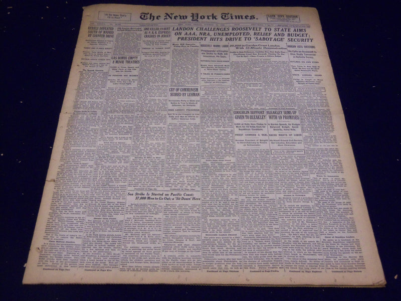 1936 OCT 30 NEW YORK TIMES - LANDON CHALLENGES ROOSEVELT TO STATE AIMS - NT 2102