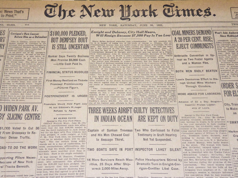 1923 JUNE 30 NEW YORK TIMES - $100,000 PLEDGED DEMPSEY BUT UNCERTAIN - NT 8721
