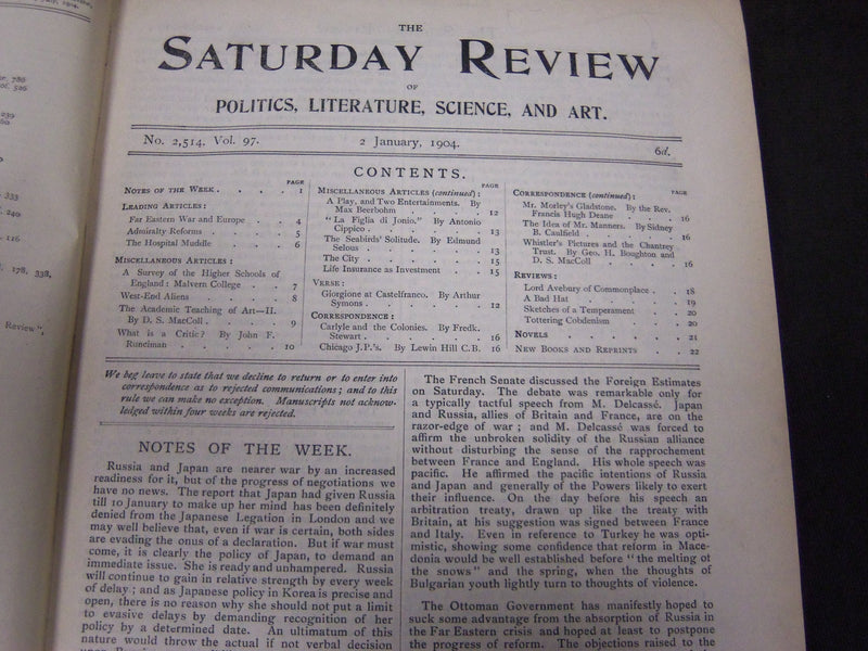 1904 SATURDAY REVIEW 2 BOUND VOLUMES - COMPLETE YR- PUBLISHED IN LONDON - R 1089