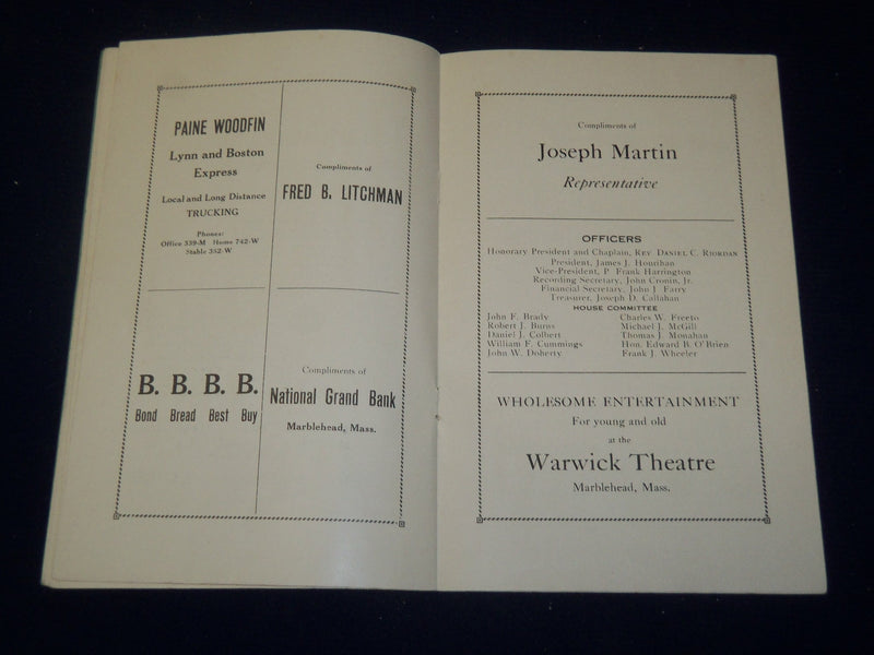 1925 NOVEMBER 6 DEDICATION EXERCISES OF MARBLEHEAD CATHOLIC CLUB BOOK - J 4417