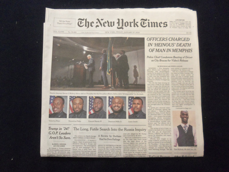 2023 JAN 27 NEW YORK TIMES - OFFICERS CHARGED IN HEINOUS DEATH OF MAN IN MEMPHIS