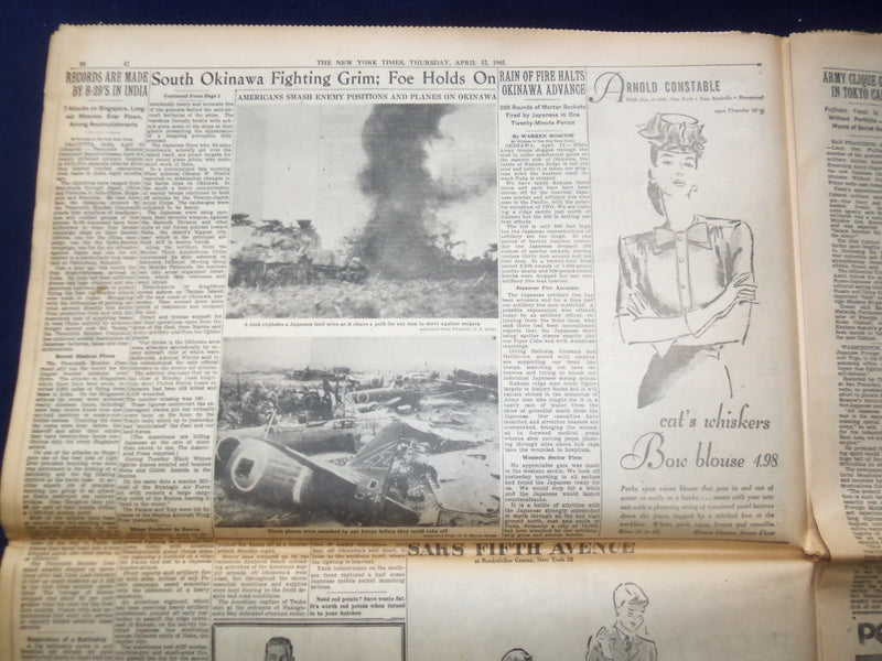 1945 APRIL 12 NEW YORK TIMES - U.S. NINTH AT ELBE 63 MILES FROM BERLIN - NP 6693