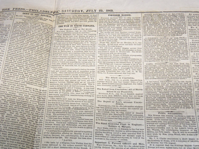 1863 JULY 25 THE PHILADELPHIA PRESS NEWSPAPER - THE RAID OF MORGAN - NP 9002
