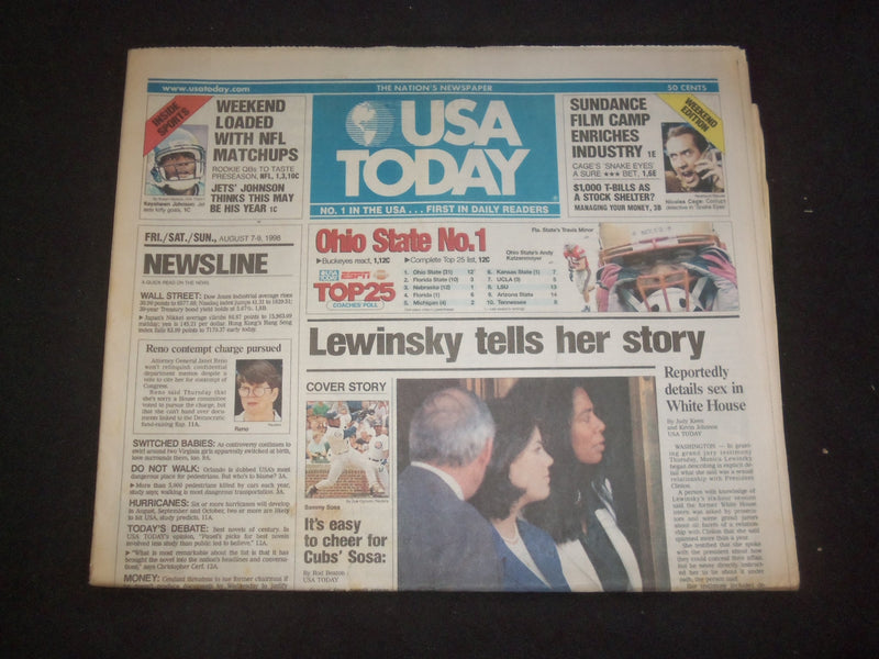 1998 AUGUST 7-9 USA TODAY NEWSPAPER - LEWINSKY TELLS HER STORY - NP 7946
