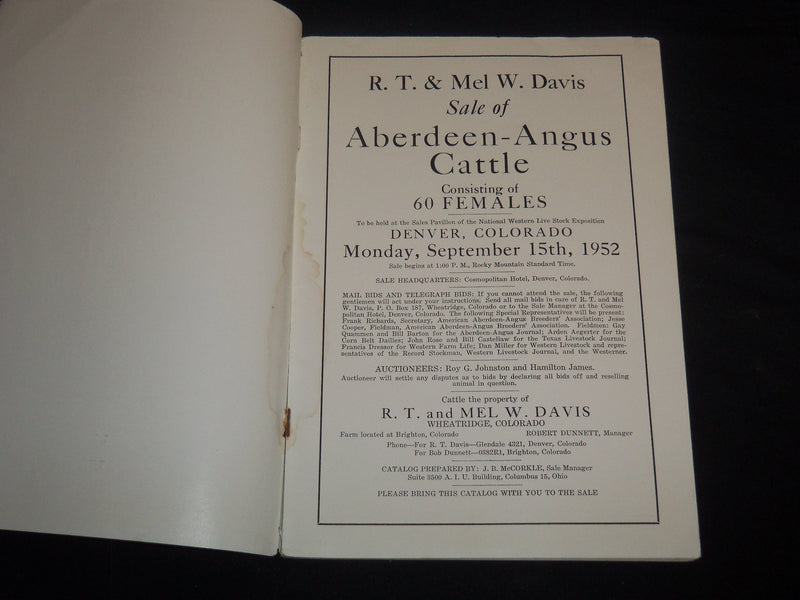 1952 R. T. & MEL DAVIS PRODUCTION CATTLE SALE CATALOG - WHEATRIDGE CO - J 9219