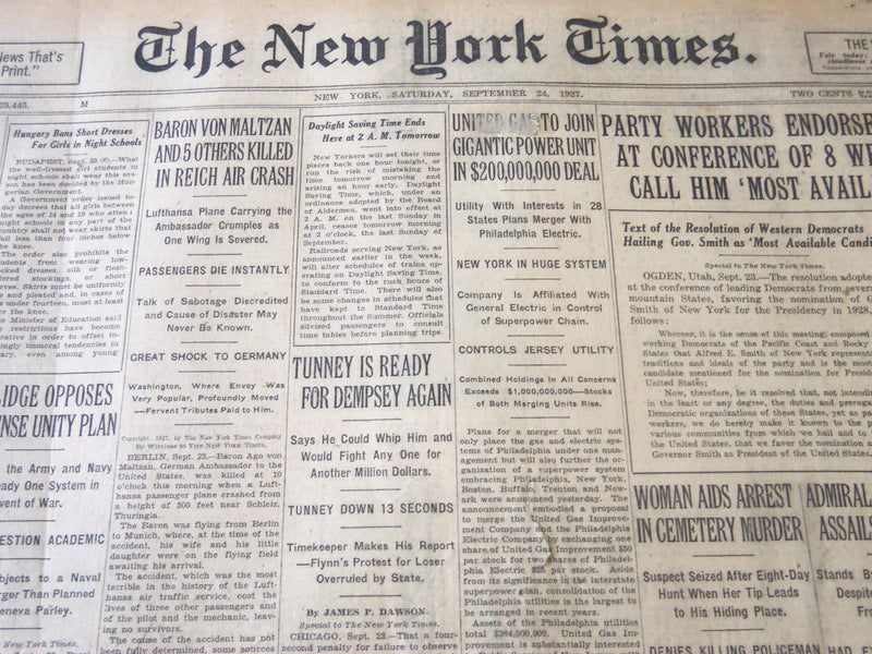 1927 SEPTEMBER 24 NEW YORK TIMES - TUNNEY IS READY FOR DEMPSEY AGAIN - NT 6376