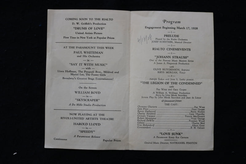 1928 MARCH 17 RIALTO THEATRE PROGRAM - GARY COOPER - K 1848