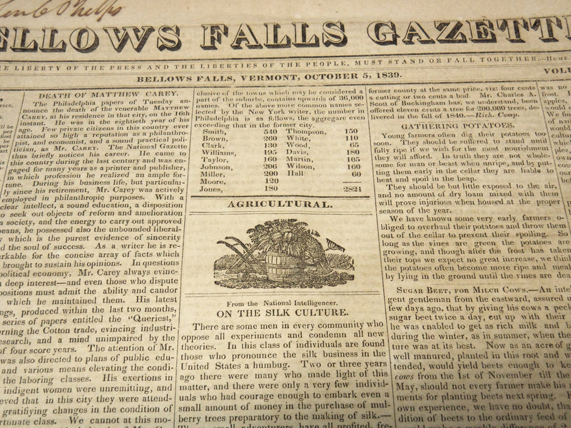 1839 OCTOBER 5 BELLOWS FALLS GAZETTE NEWSPAPER - VERMONT - NP 3297G