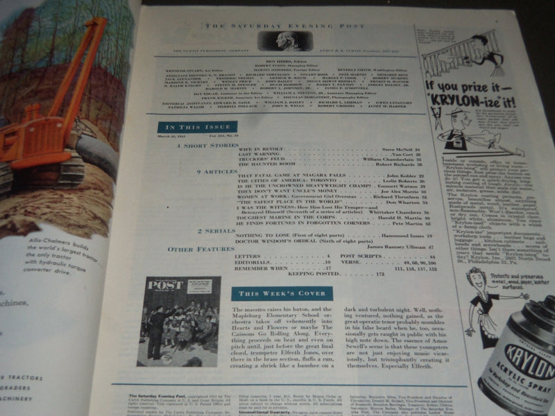 1952 MARCH 22 THE SATURDAY EVENING POST MAGAZINE - ILLUSTRATED COVER - SP 1908