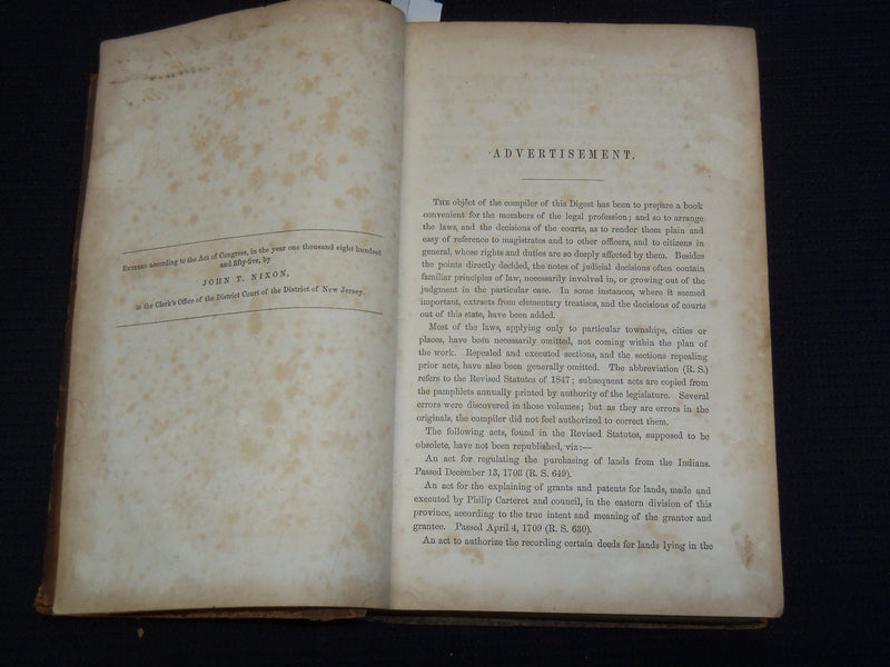 1855 A DIGEST TOF THE LAWS OF NEW JERSEY BOOK - ELMER & NIXON - KD 5981L