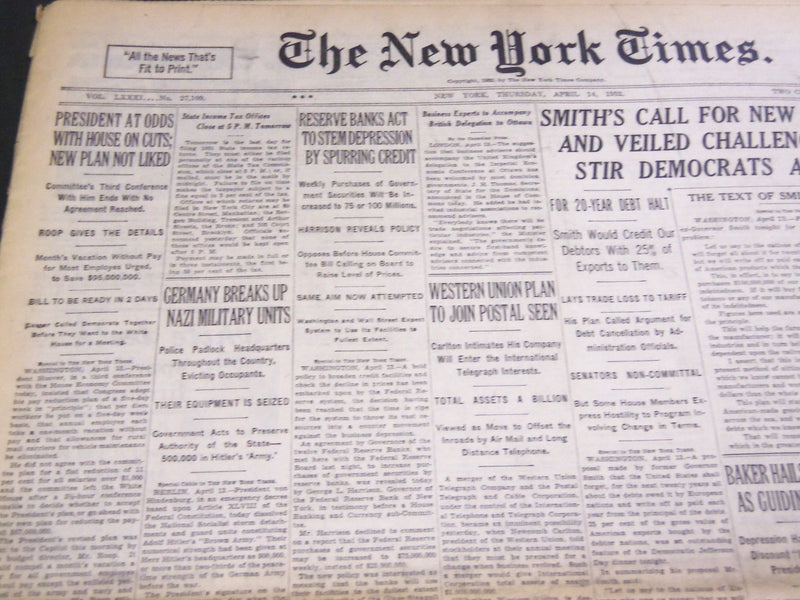 1932 APRIL 14 NEW YORK TIMES - GERMANY BREAKS UP NAZI MILITARY UNITS - NT 4830
