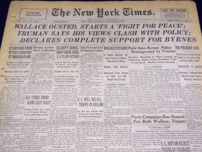1946 SEPT 21 NEW YORK TIMES - WALLACE OUSTED, STARTS A FIGHT FOR PEACE - NT 875