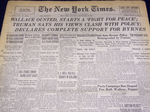 1946 SEPT 21 NEW YORK TIMES - WALLACE OUSTED, STARTS A FIGHT FOR PEACE - NT 875