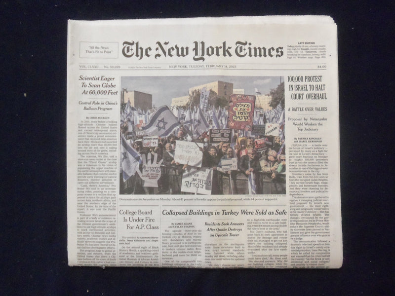 2023 FEB 14 NEW YORK TIMES - 100,000 PROTEST IN ISRAEL TO HALT COURT OVERHAUL