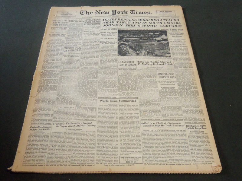 1950 AUGUST 23 NEW YORK TIMES - ALLIES REPULSE MORE RED ATTACKS TAEGU - NT 5851