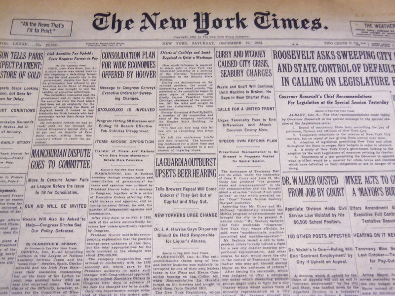 1932 DECEMBER 10 NEW YORK TIMES - LA GUARDIA UPSETS BEAR HEARING - NT 4103