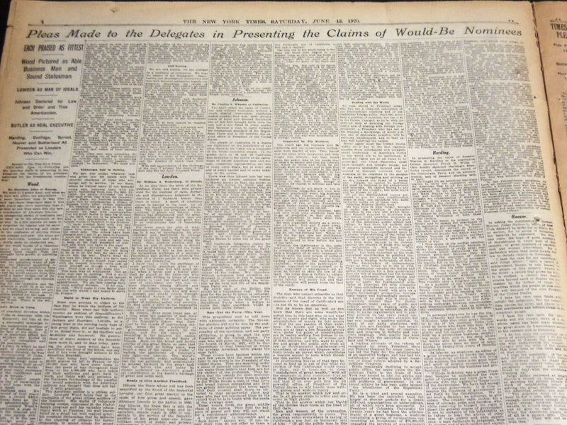 1920 JUNE 12 NEW YORK TIMES - FOUR BALLOTS NO NOMINATION WOOD LEADS - NT 6946